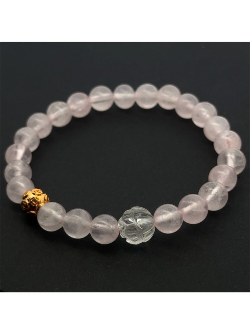 18K Solid Gold Coin Ball Stretch Bracelet Rose Quartz Clear Quartz Lotus - Picture 3 of 5
